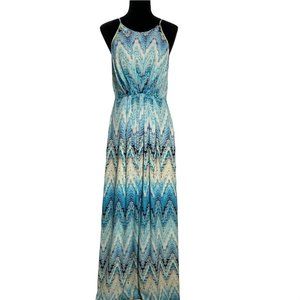 Kenji 6 Maxi Dress Watercolor Chevron Blue Ivory Multicolor Embrioider Trim Cute